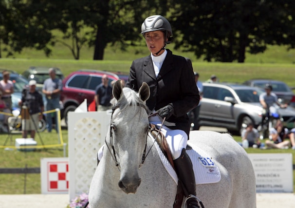 A person wearing a helmet and formal riding attire is mounted on a white horse. The scene appears to be part of an equestrian event, with spectators in the background and parked vehicles nearby. The outdoor setting includes grassy areas and a sunny climate.