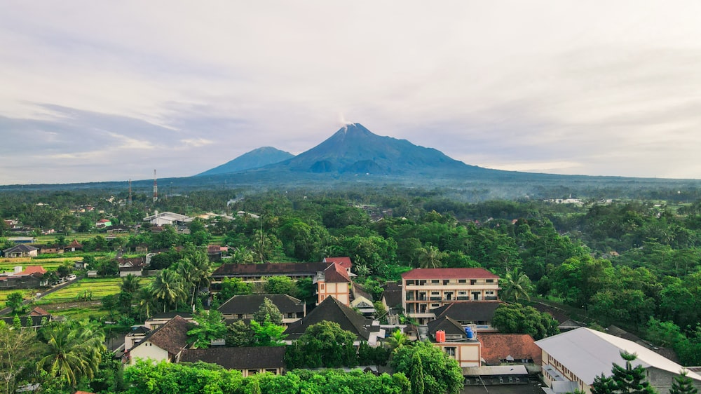 a town with a mountain in the background