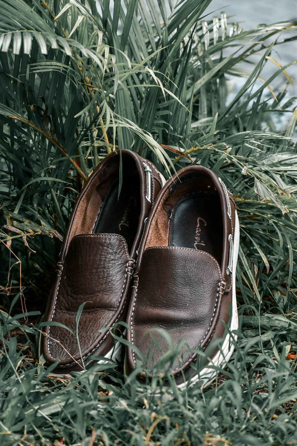 a pair of brown shoes on grass