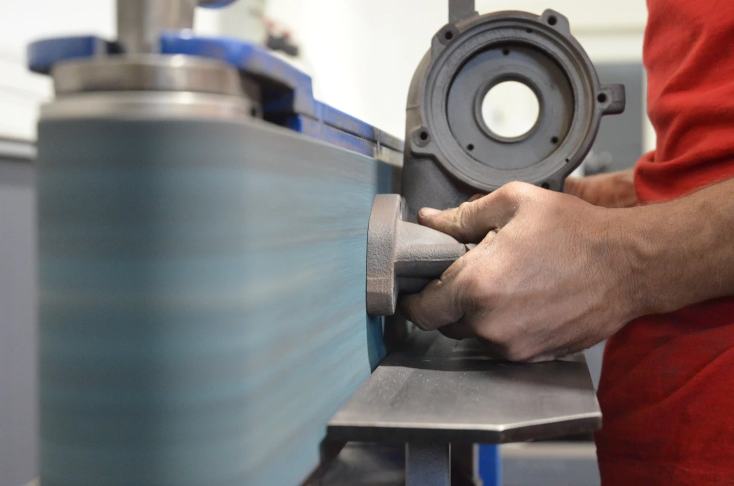 Close-up of a turbocharger core balanced against a calibration rig