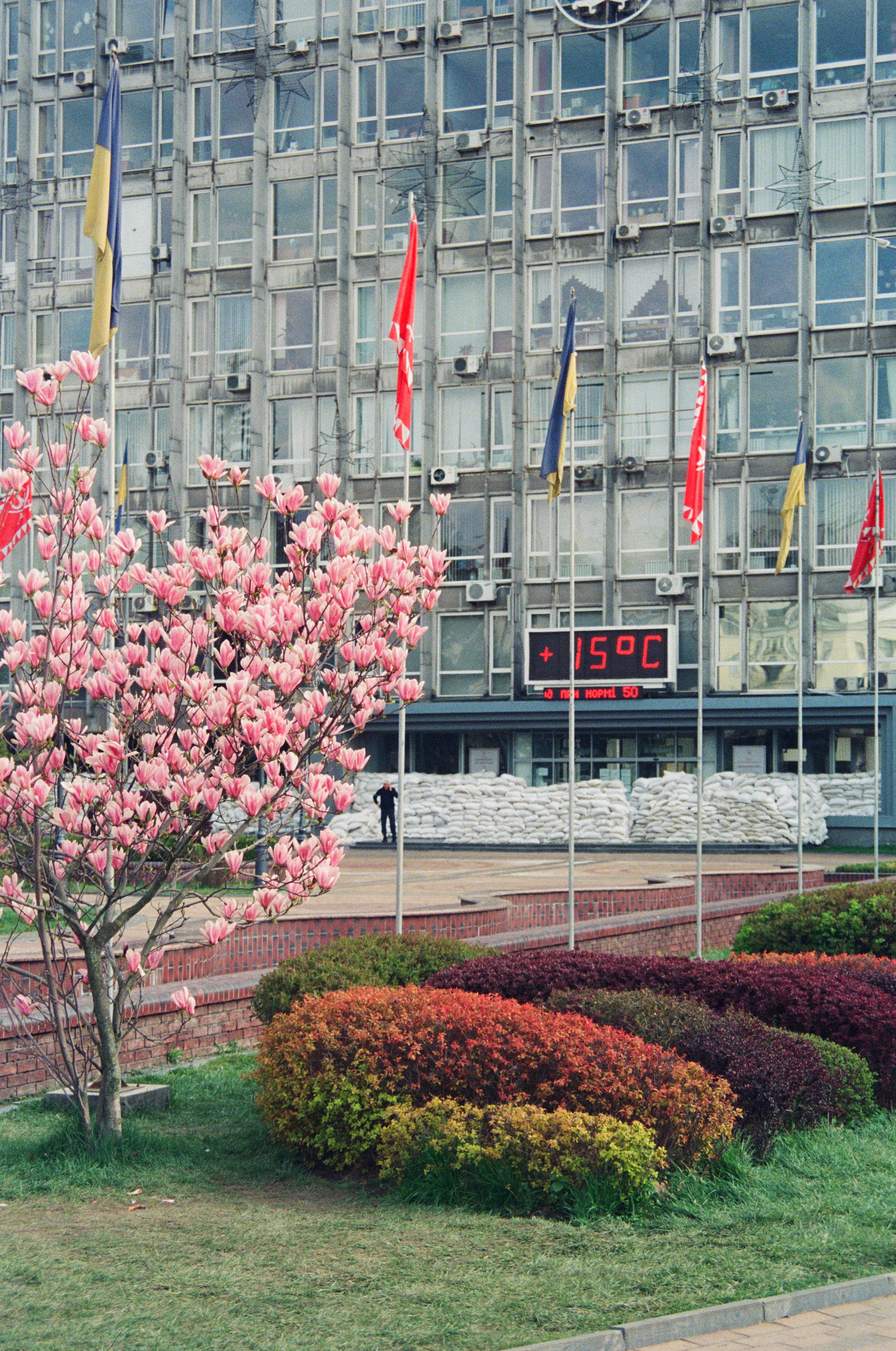 a building with flags and flowers in front of it