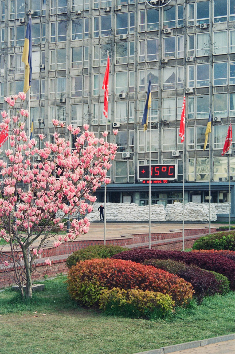 a building with flags and flowers in front of it