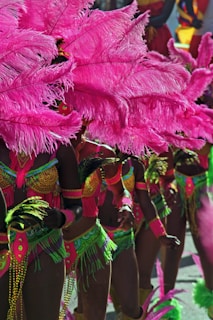Traditional Amazonian dancers performing in bright costumes during a local festival.