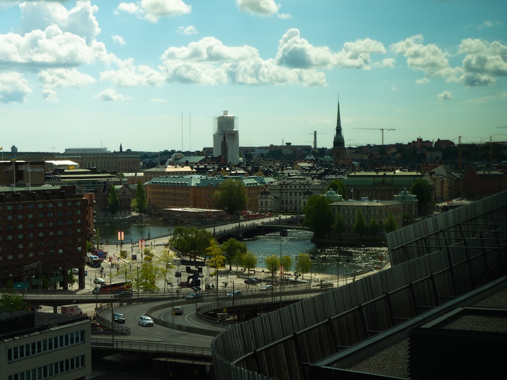 a city with a river and a bridge