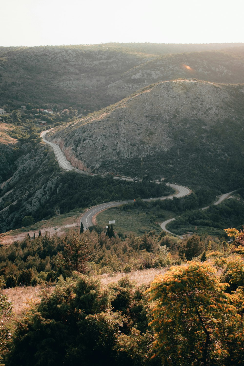 a winding road through a forest