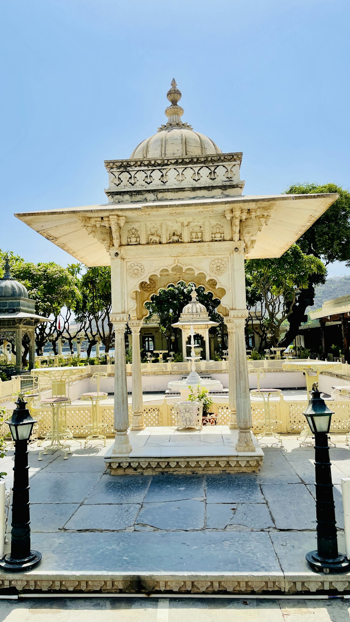 Udaipur October — ornate Chhatri at Jagmandir Island Palace, Diwali season