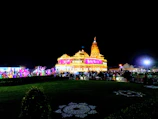 Vibrant festival decorations illuminating the temple courtyard during a special puja celebration.
