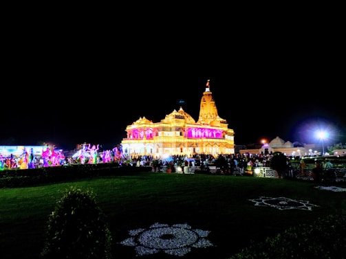 Devotees gathered during the colorful Rama Navami festival, with traditional lamps and decorations.