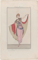 A vintage fashion illustration featuring a young woman in an elegant dance dress. The dress is long and flowing, with layered sheer fabric, adorned with decorative details. The woman stands with one arm raised, holding part of the draped fabric. Her hair is styled in an updo, with floral decorations.