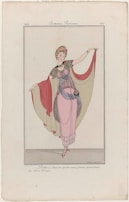 A vintage fashion illustration featuring a young woman in an elegant dance dress. The dress is long and flowing, with layered sheer fabric, adorned with decorative details. The woman stands with one arm raised, holding part of the draped fabric. Her hair is styled in an updo, with floral decorations.