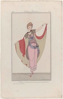 A vintage fashion illustration featuring a young woman in an elegant dance dress. The dress is long and flowing, with layered sheer fabric, adorned with decorative details. The woman stands with one arm raised, holding part of the draped fabric. Her hair is styled in an updo, with floral decorations.