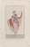 A vintage fashion illustration featuring a young woman in an elegant dance dress. The dress is long and flowing, with layered sheer fabric, adorned with decorative details. The woman stands with one arm raised, holding part of the draped fabric. Her hair is styled in an updo, with floral decorations.