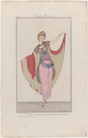 A vintage fashion illustration featuring a young woman in an elegant dance dress. The dress is long and flowing, with layered sheer fabric, adorned with decorative details. The woman stands with one arm raised, holding part of the draped fabric. Her hair is styled in an updo, with floral decorations.
