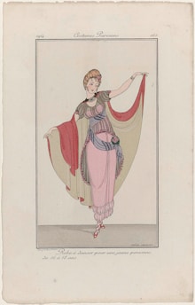 A vintage fashion illustration featuring a young woman in an elegant dance dress. The dress is long and flowing, with layered sheer fabric, adorned with decorative details. The woman stands with one arm raised, holding part of the draped fabric. Her hair is styled in an updo, with floral decorations.