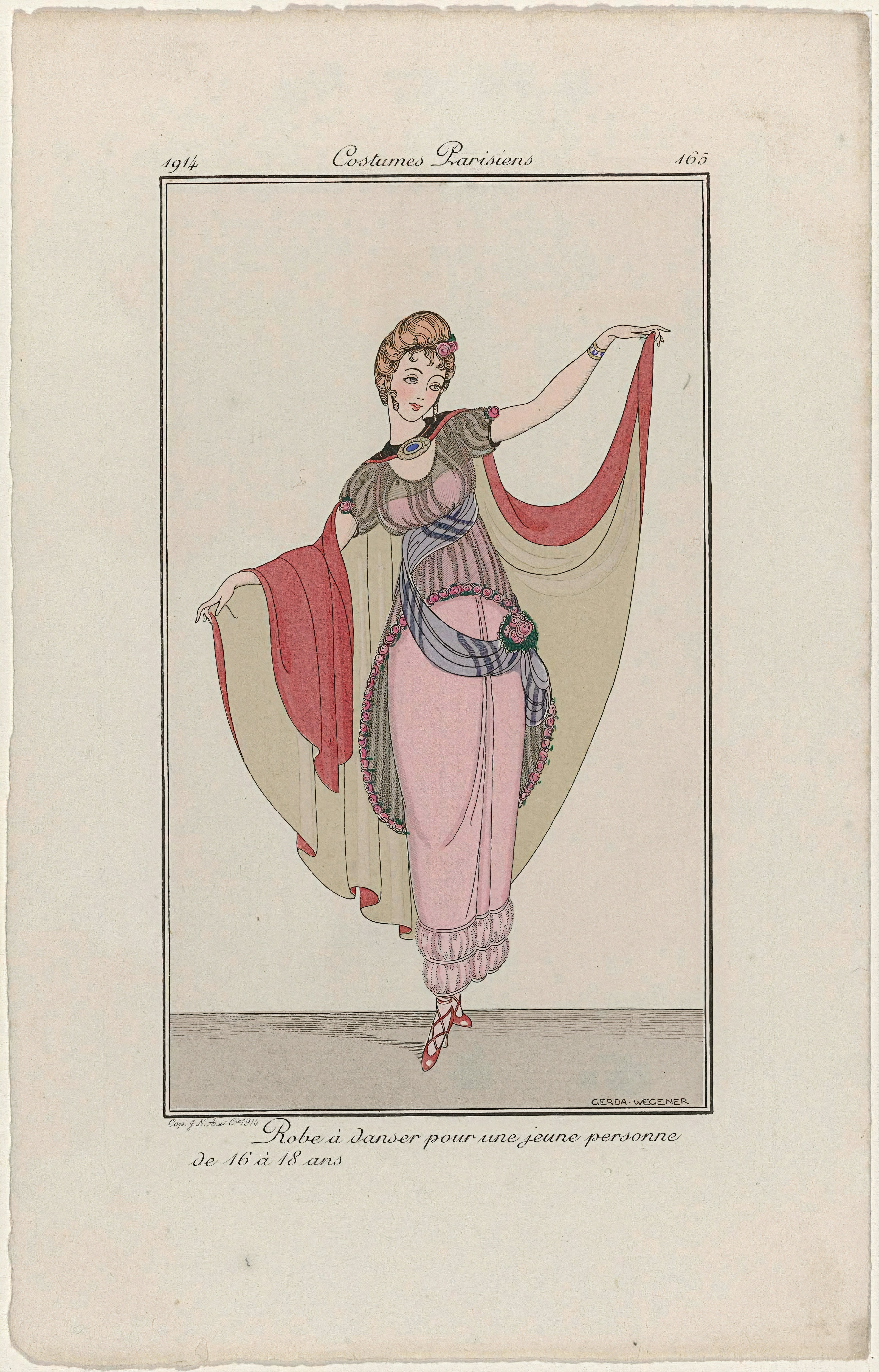 Title: Journal des Dames et des Modes, Costumes Parisiens, 1914, No. 165 : Robe à dancer Creator: Wegener, Gerda Date: 20th Century, Early Institution: Rijksmuseum Provider: Rijksmuseum Providing Country: Netherlands Public Domain: Yes