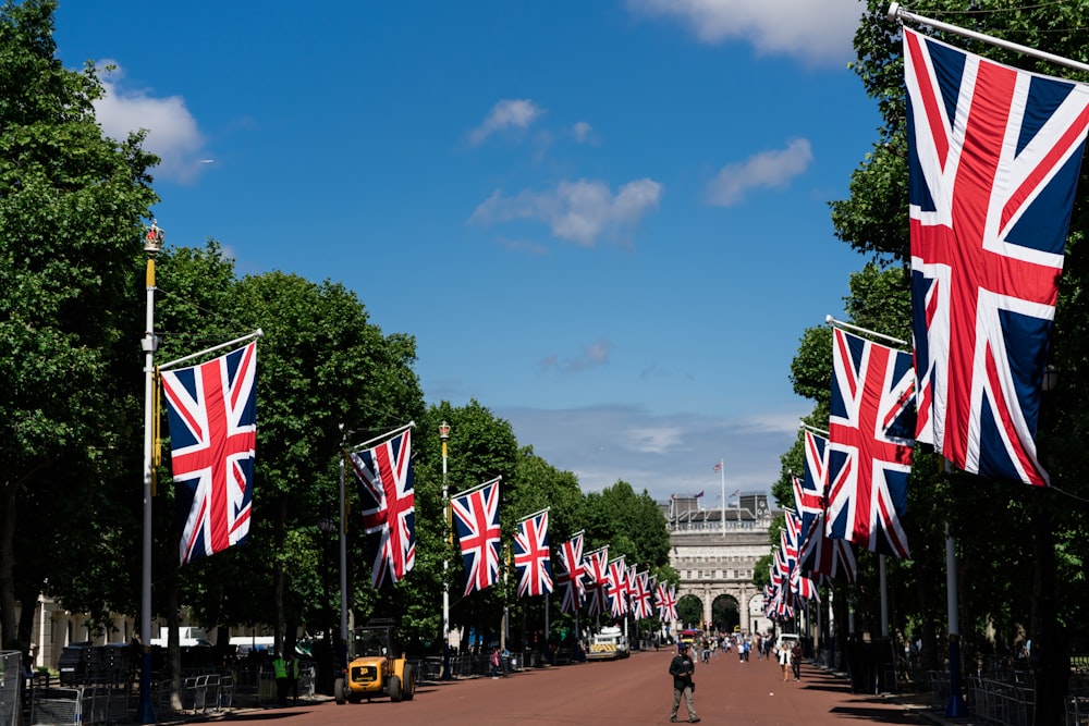 a street with flags on it