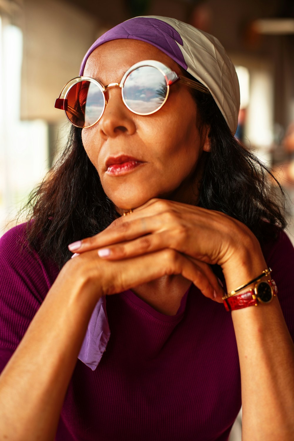 a woman wearing glasses