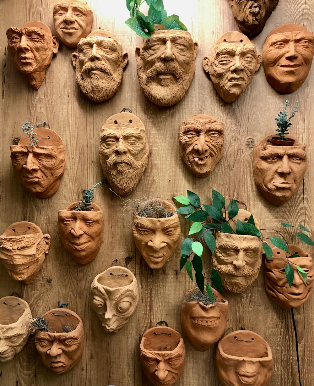 a group of carved wood carvings