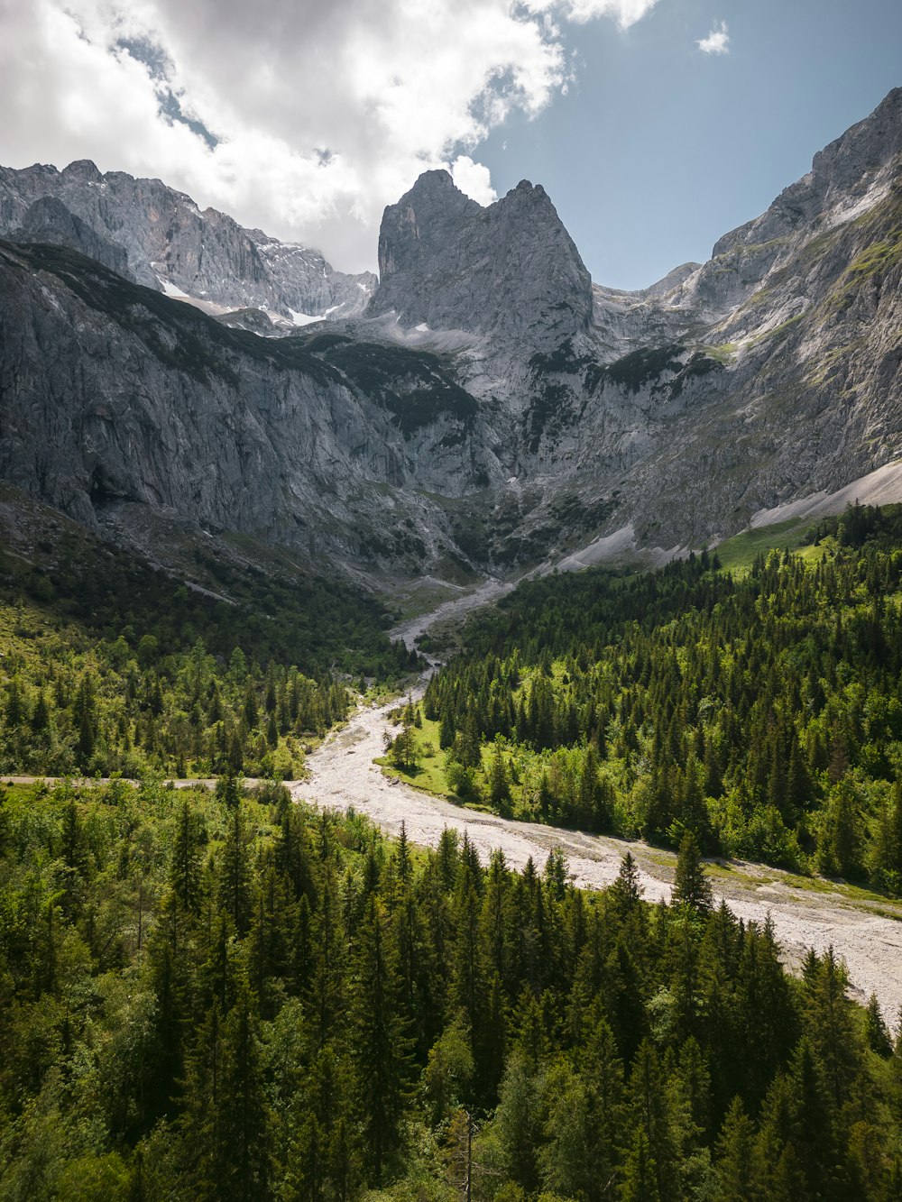 a river running through a valley between mountains