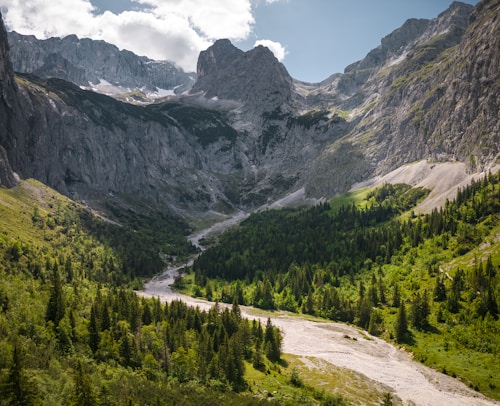 A mountainous landscape featuring rugged rocky peaks under a partly cloudy sky. The foreground consists of a lush green valley filled with dense evergreen trees. A narrow path or stream cuts through the greenery, drawing the eye toward the towering mountains in the background.