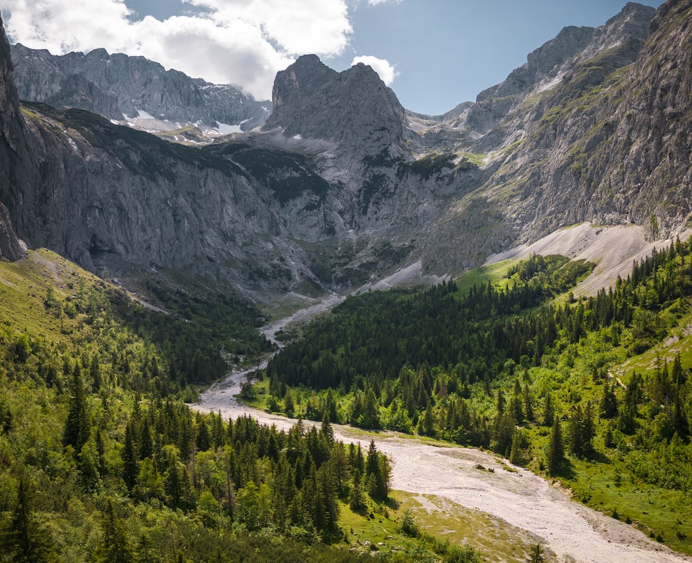 a river running through a valley between mountains