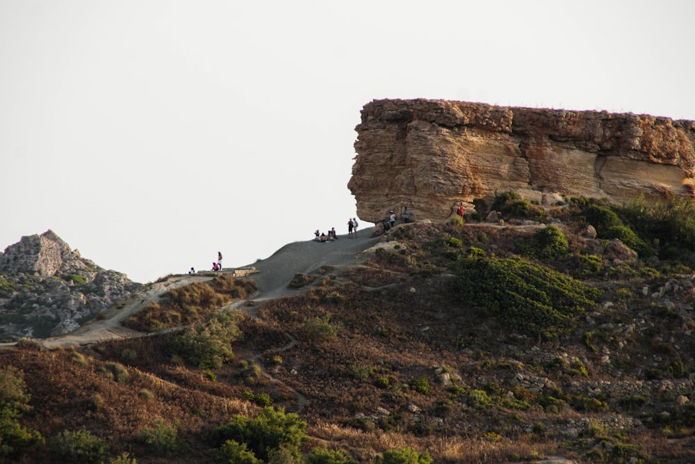 a group of people walking on a path between cliffs