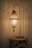 An artistic driftwood lamp placed elegantly on a rustic wooden table.
