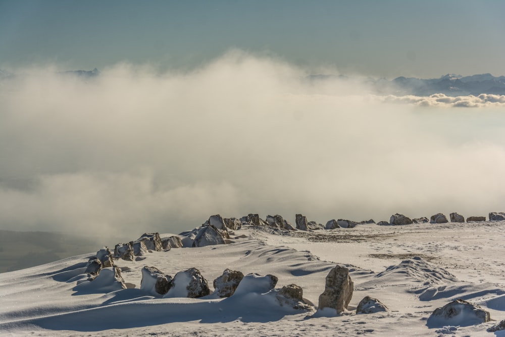 a snowy landscape with rocks