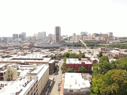 Aerial view of residential and commercial properties in a city.