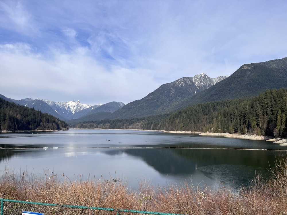 a lake surrounded by mountains and trees