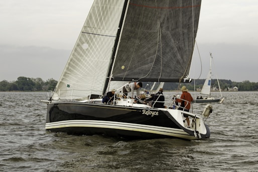 A sailboat with the name 'ReJoyce' is navigating through a body of water with several people onboard. The sailing vessel has dark-colored hull and sails, and others are also sailing in the background. The scene is set near the shoreline, with greenery and some structures visible in the distance. The overall atmosphere seems calm with a slightly overcast sky.