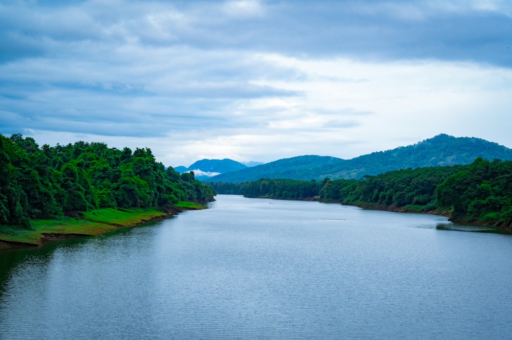 a river with trees and mountains in the background