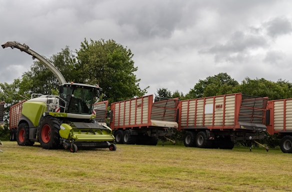 A large agricultural machine, likely a forage harvester, is parked on a grassy field. It is equipped with a header suitable for cutting crops. Behind the harvester, several large trailers are lined up, which appear to be used for transporting harvested materials. The background consists of dense green trees under an overcast sky.