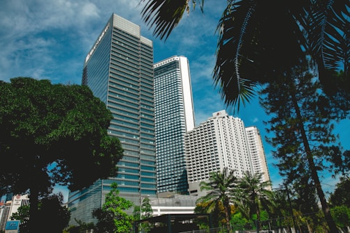 Several high-rise buildings stand prominently against a bright blue sky, surrounded by lush green trees and palm fronds. The architecture is modern with glass and concrete facades, highlighting an urban cityscape.