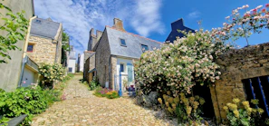 Stone pathway leading to a luxury cottage surrounded by blooming rhododendrons and mountain peaks