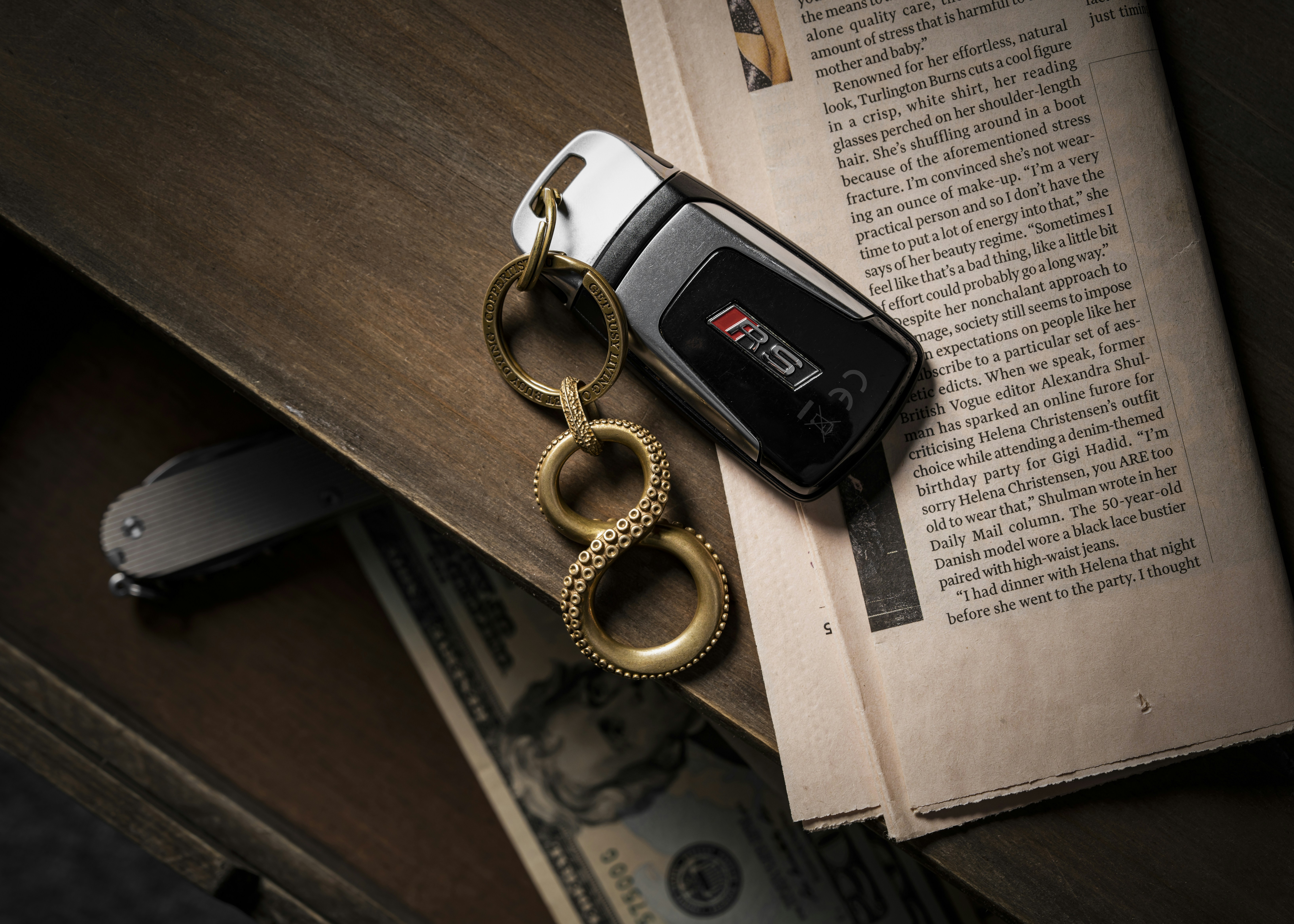 a key chain on a book