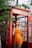 A woman stands in a vintage red telephone booth, holding a phone to her ear. She is wearing an orange sleeveless outfit and is surrounded by green foliage. The setting appears to be outdoors with natural lighting.
