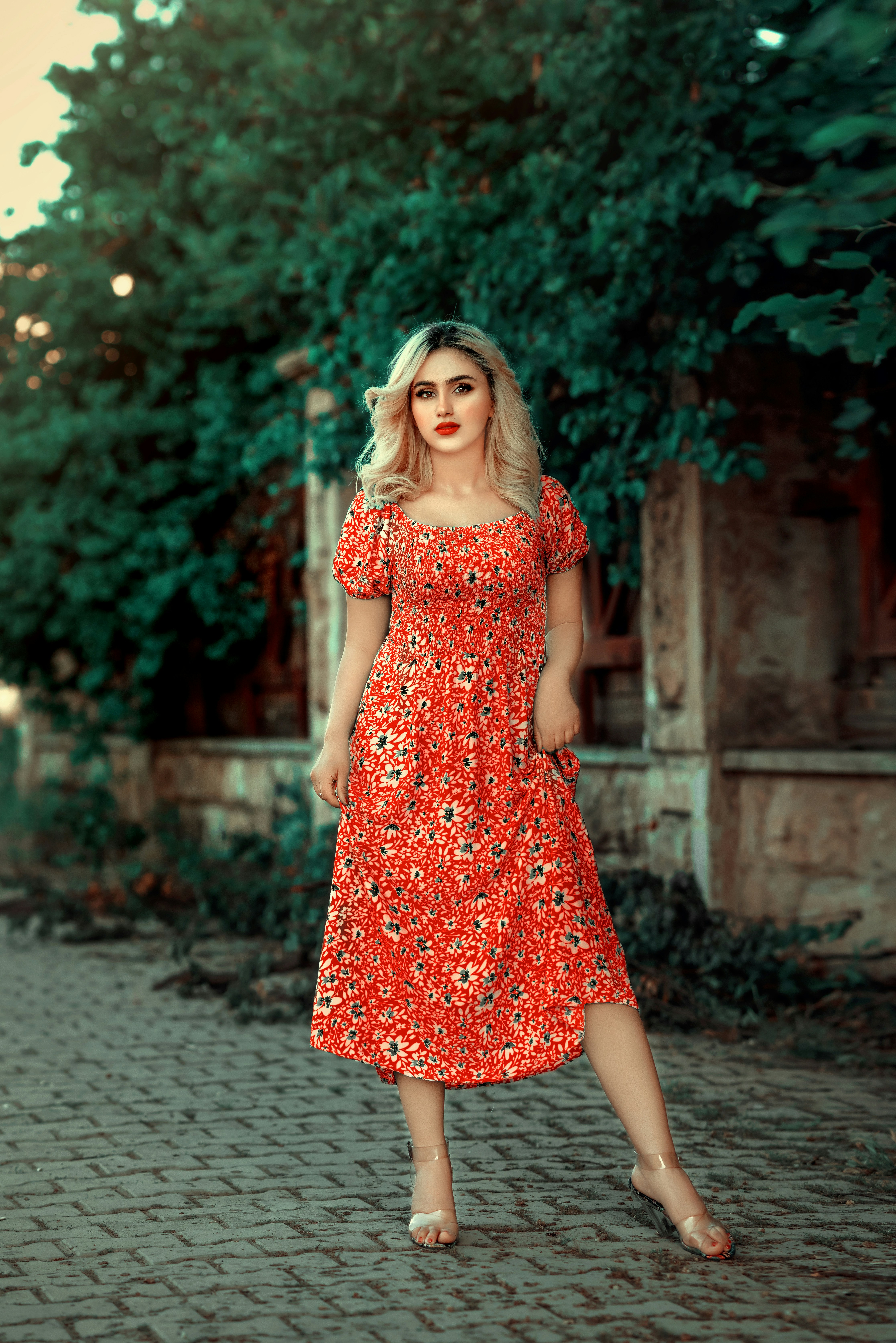 a woman in a red dress