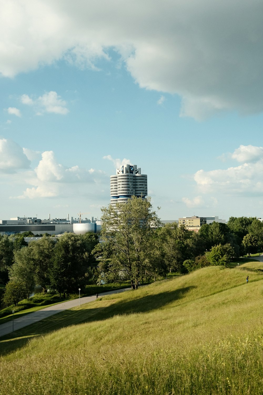 a grassy area with trees and buildings in the background