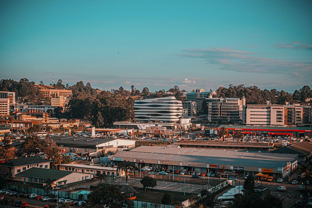 a city with a large building