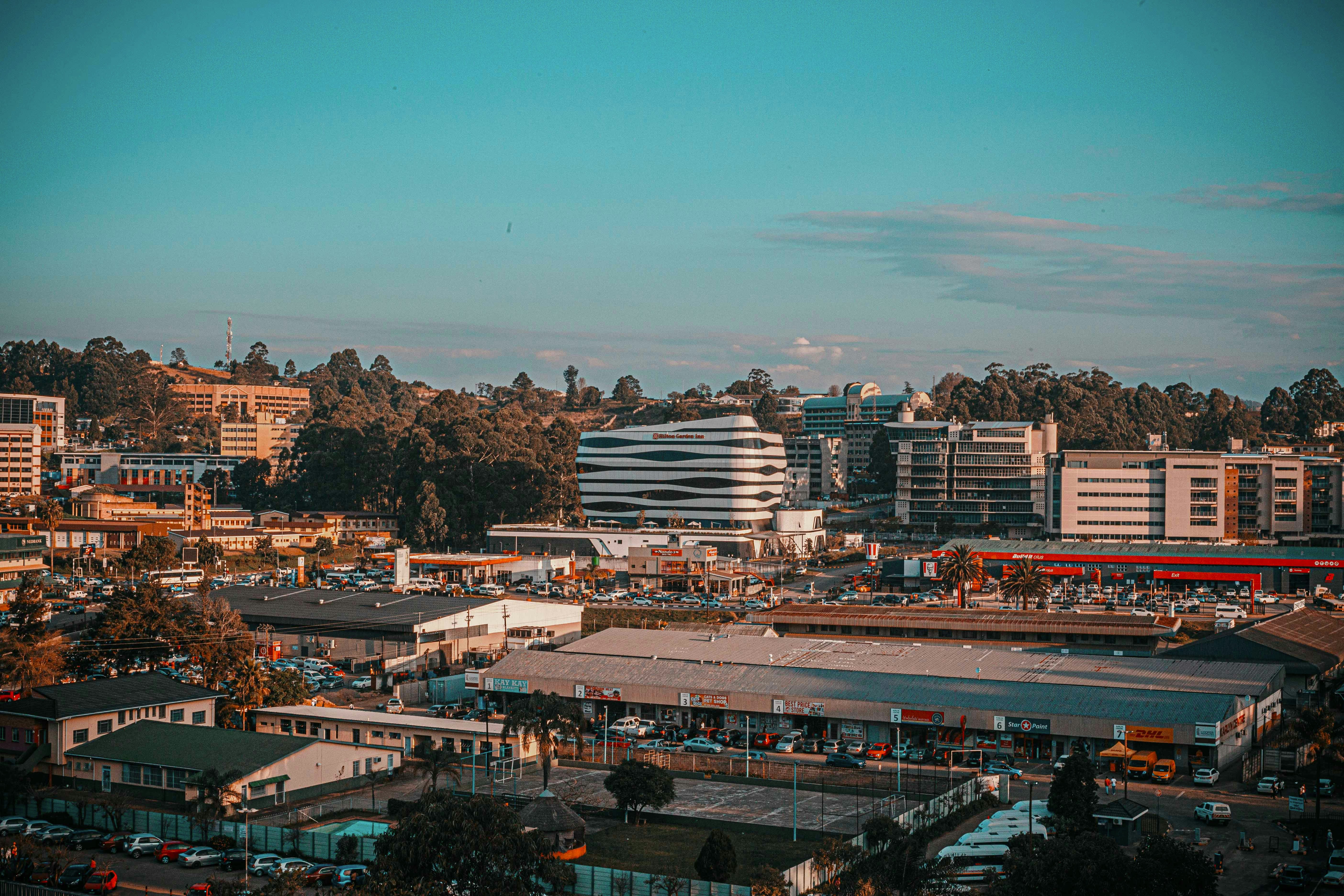 a city with a large building