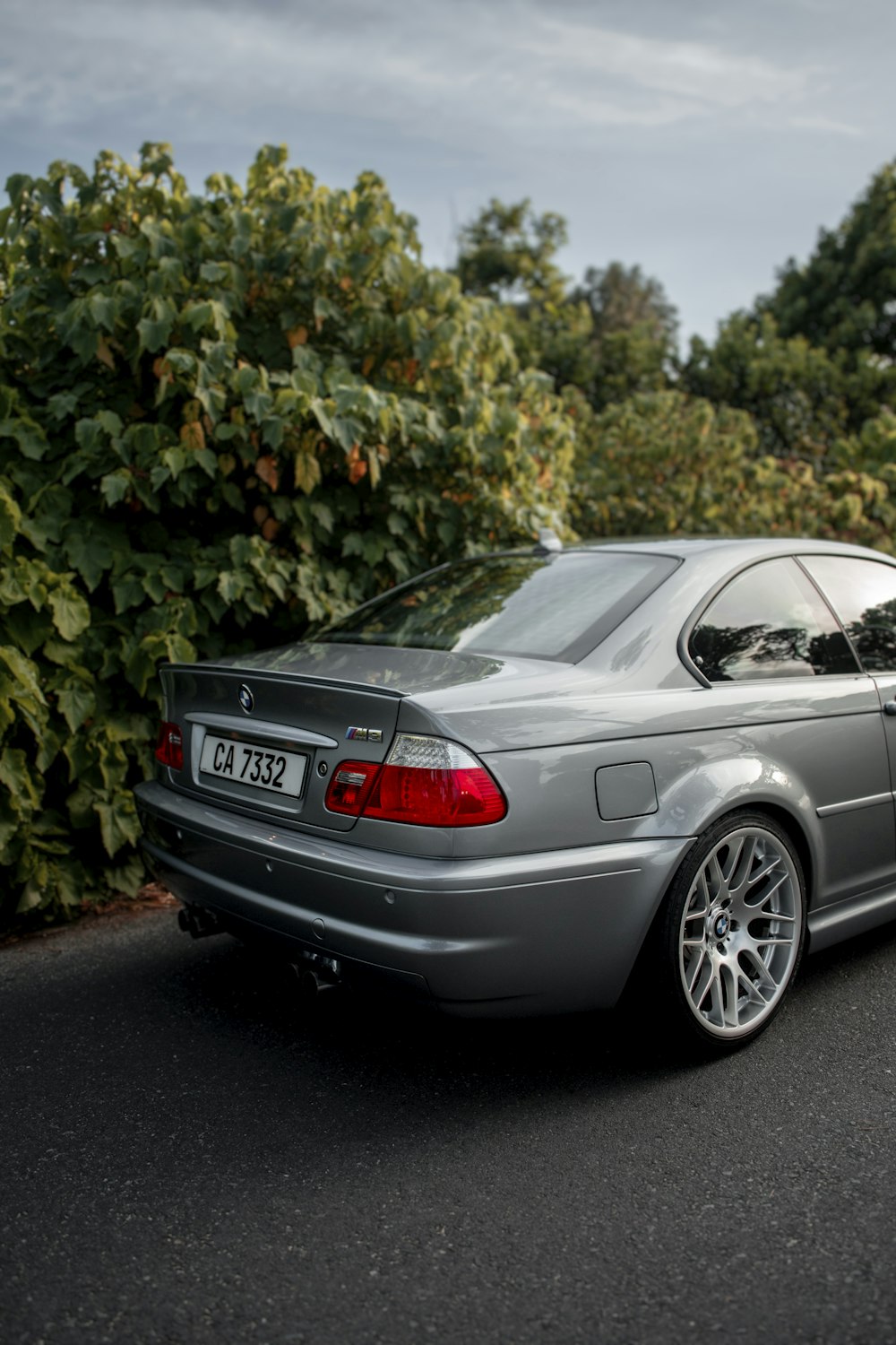 a silver car parked in front of a bush