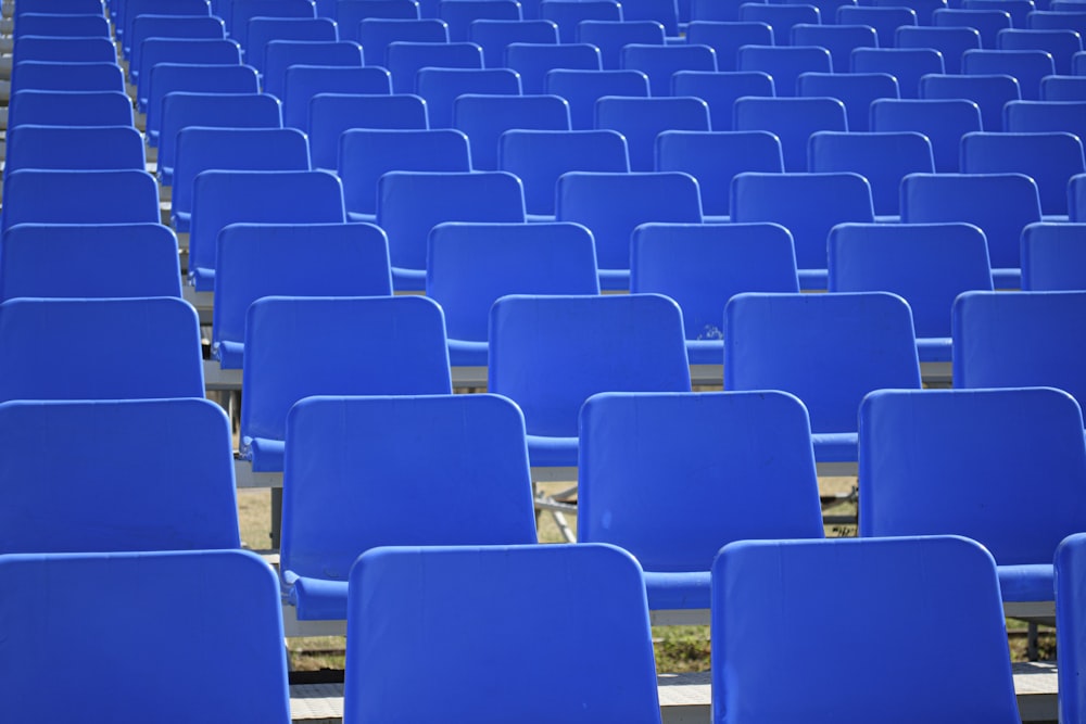 a group of blue chairs