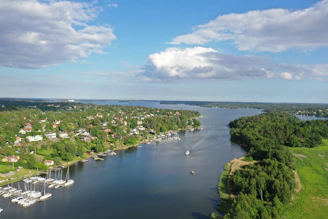 a river with a city in the background