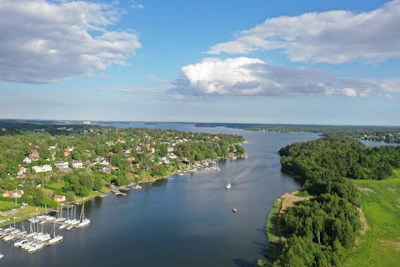 a river with a city in the background