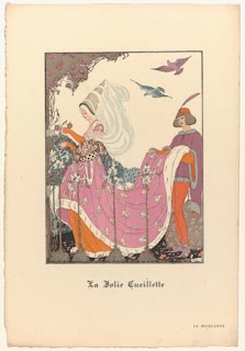 A vintage illustration depicting two elegantly dressed figures, one wearing a flowing pink robe adorned with floral patterns and the other in a matching purple and orange ensemble with a feathered hat. They are surrounded by lush plants and flowers, with birds flying overhead. The scene is framed by intricate floral borders.