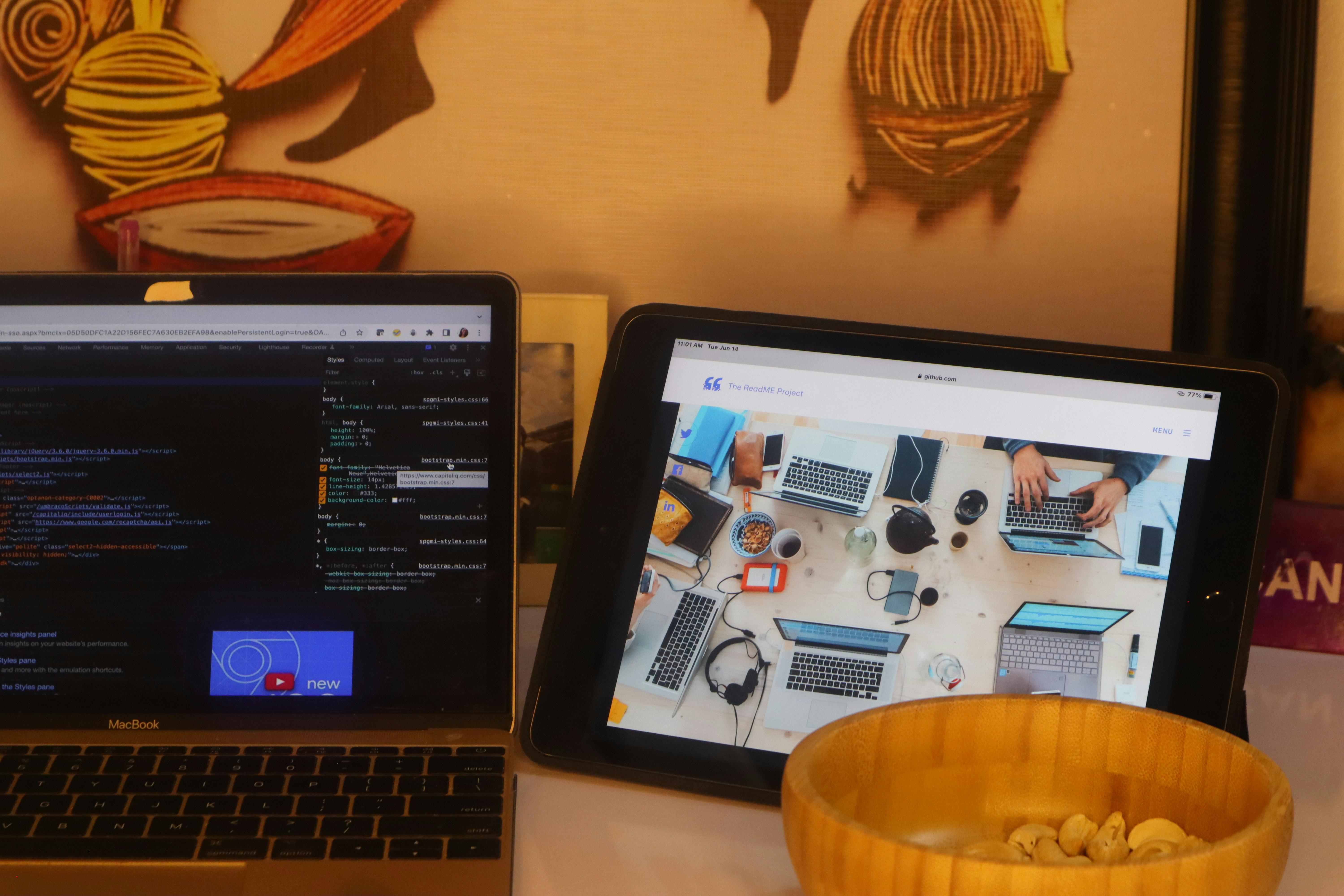 A cozy, organized kitchen with a digital tablet displaying the EasyHome meal planner next to a bowl of seasonal apples.