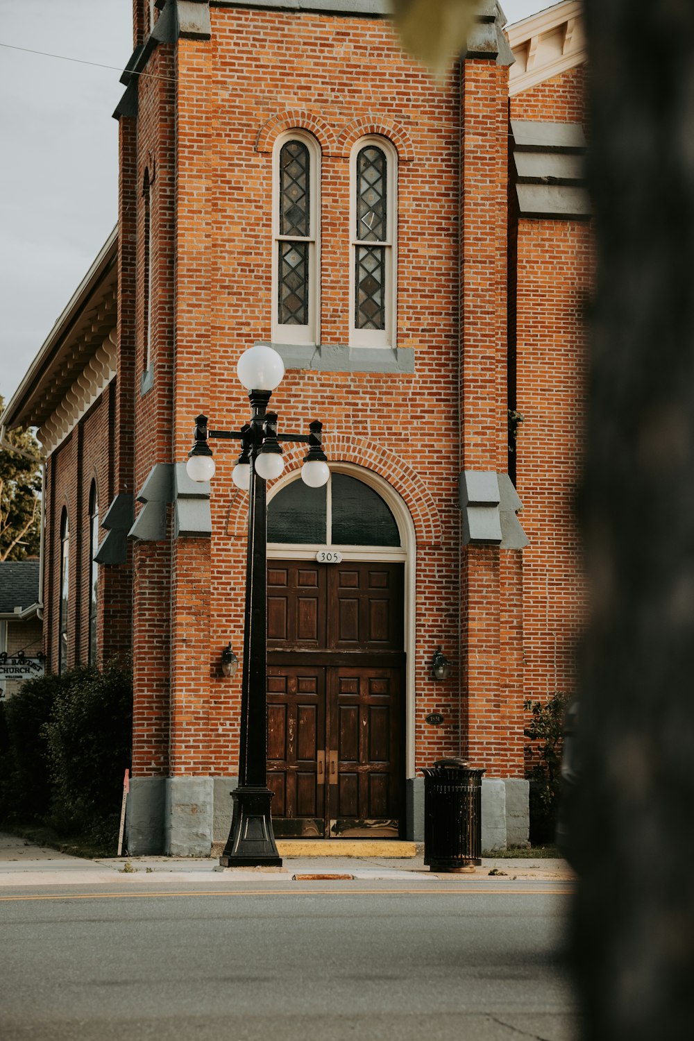 a brick building with a large door