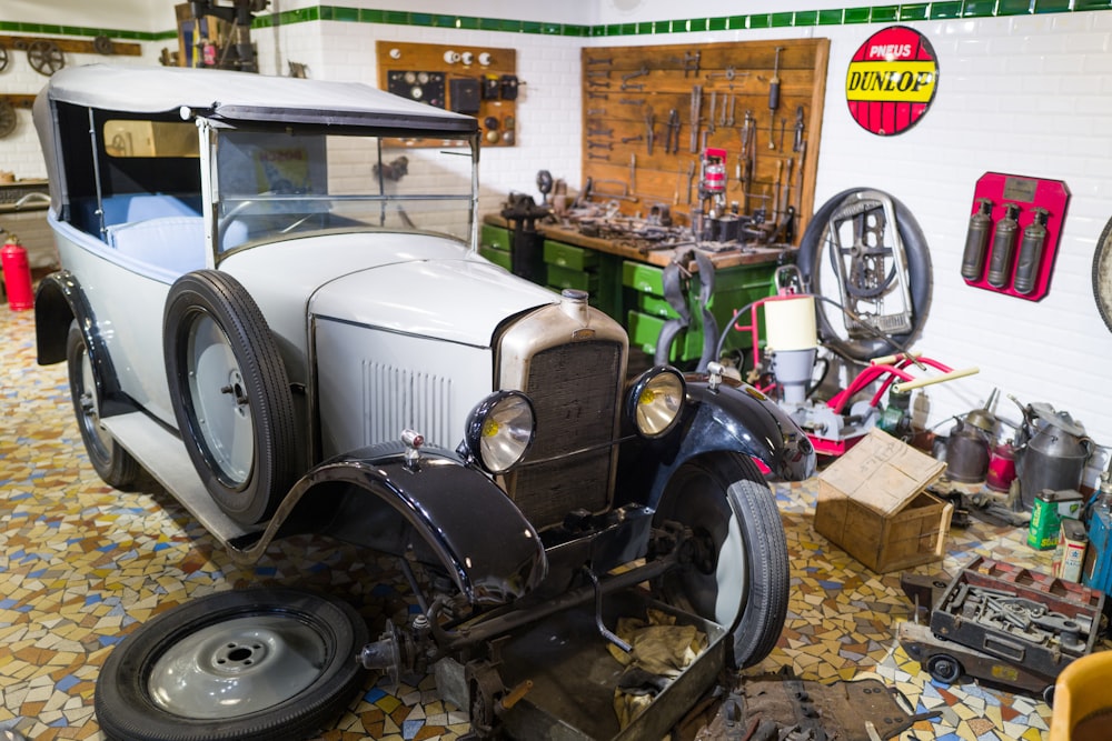 an old car in a garage