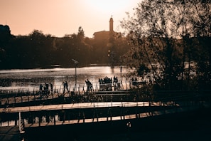 Evening shot of the walkers resting near the water with soft natural light